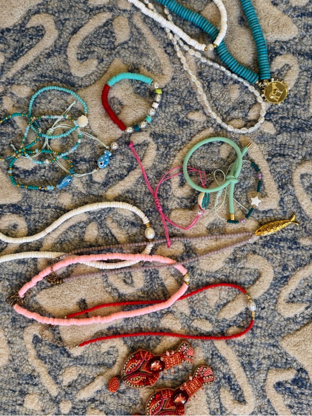 Mixed Beaded Bracelets, Necklaces & Earrings in Turquoise, White, Red, Gold